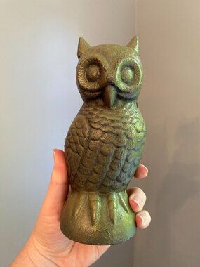 Cast Iron Owl Figurine In Aged Green Patina – Rustic Vintage Decor